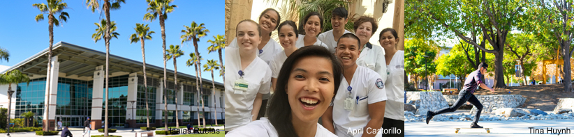 Student Rec Center, nurses selfie, skate boarder