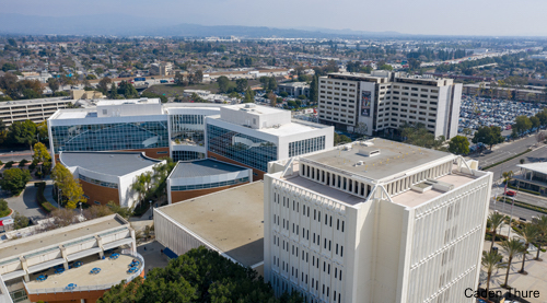 Aerial view of campus: Mihaylo, Langsdorf, College Park