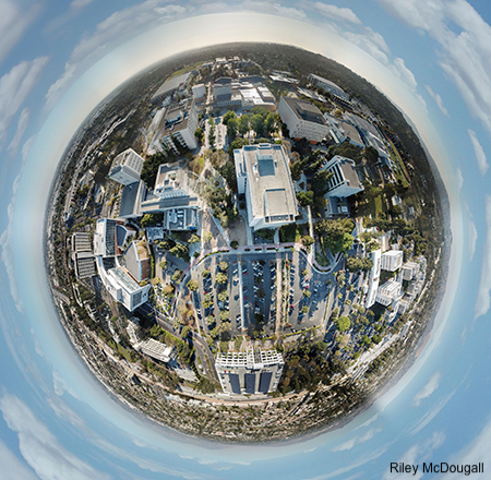 Aerial view of campus through fish eye lens